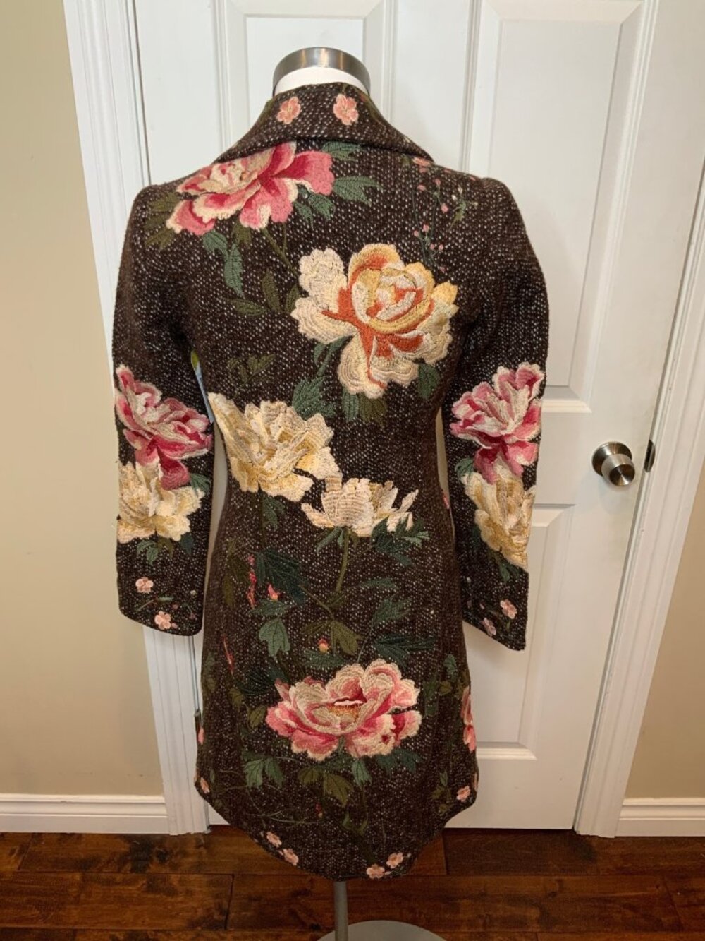 Biya Brown Multicolored Embroidered Floral Tapestry Long Wool Coat - Picture 6 of 8